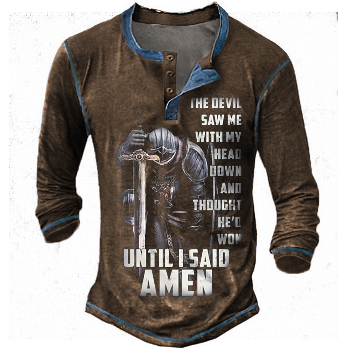 Cămașă cu mânecă lungă henley pentru bărbați - T-Shirt grafic cu războinic al credinței creștine "Diavolul m-a văzut... până am spus Amin" 2026 - $23.99 –P3