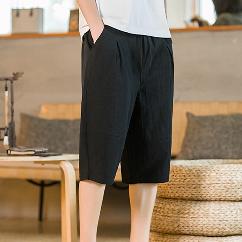 Men's Shorts Linen Shorts Summer Shorts Beach Shorts Capri Pants Drawstring Elastic Waist Plain Breathable Soft Calf-Length Casual Daily Holiday Linen / Cotton Blend Streetwear Hawaiian Black Blue 2025 - $18.99 –P3