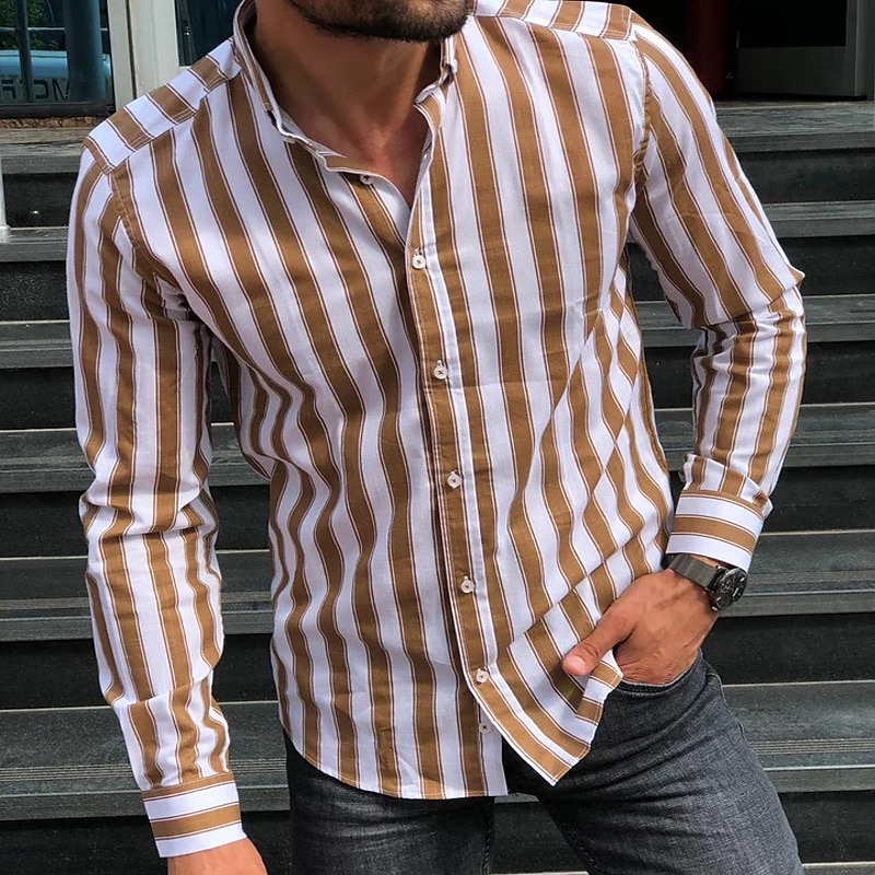 Men's Shirt Summer Shirt Casual Shirt Button Up Shirt Striped Shirts White Yellow Long Sleeve Striped Turndown Vacation Street Clothing Apparel Cotton Cotton Blend Fashion Leisure Comfortable 2025 - $21.99 –P9