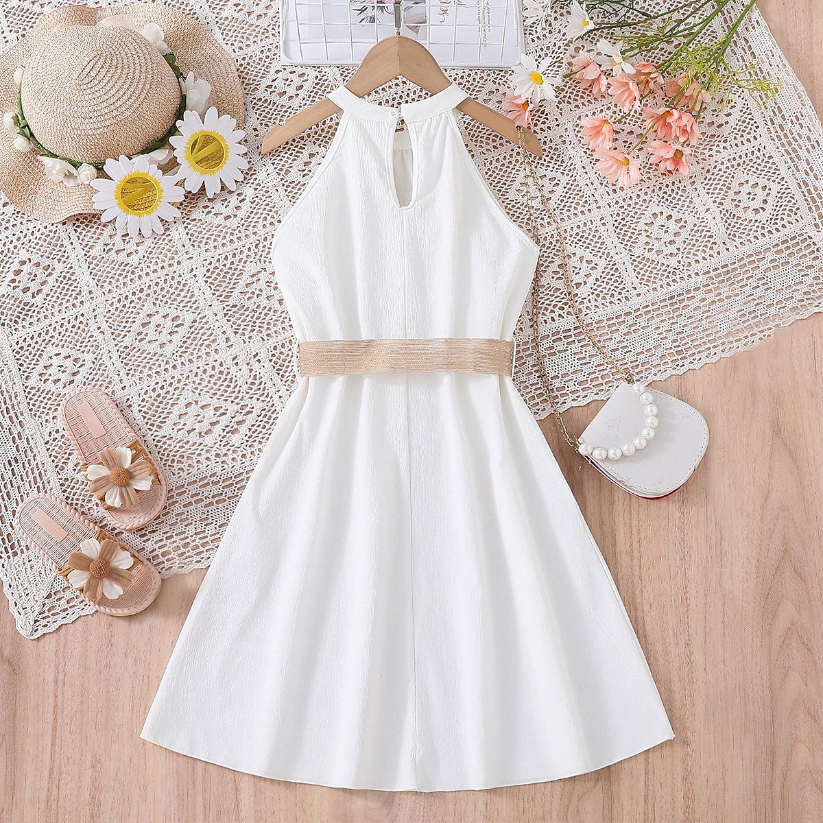 Kids Girls' Dress Solid Color Halter Neck Dress Above Knee Dress School Halter Off Shoulder Sleeveless Fashion Dress 7-13 Years Summer Light Green 2025 - $22.99 –P4