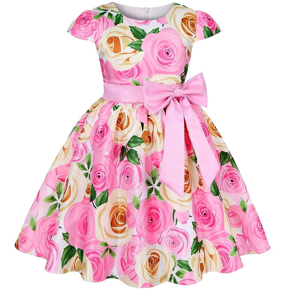 Kids Girls' Dress Flower Dress Flower Short Sleeve Anniversary Party Tie Knot Bow Adorable Princess Sweet Polyester Knee-length Skater Dress Pleat Dress Floral Dress Summer Spring 4-13 Years 2026 - $26.99 –P14