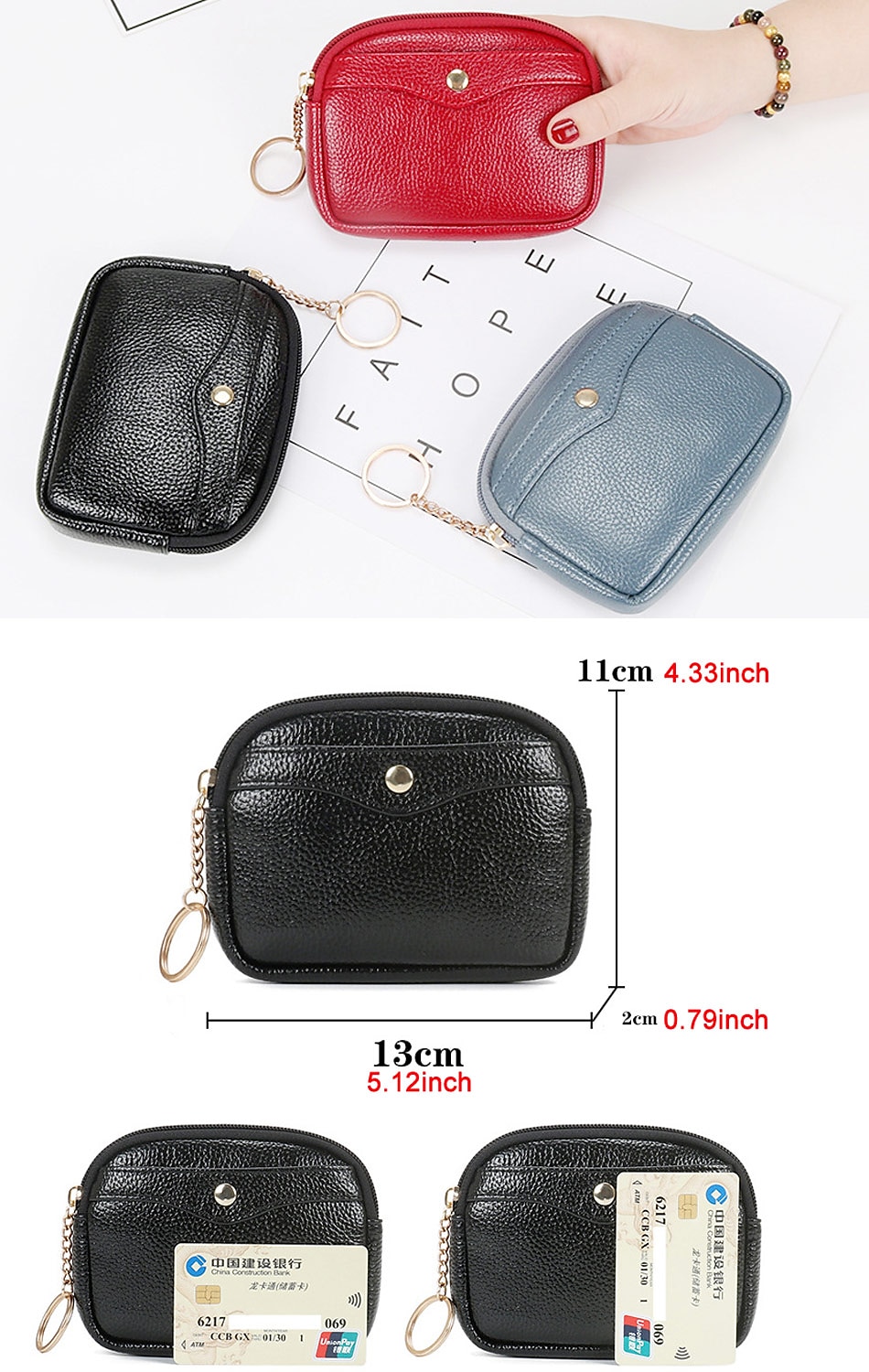 Double Zip Leather Coin Purse with Key Chain Card Case Small Wallet for  Women US 