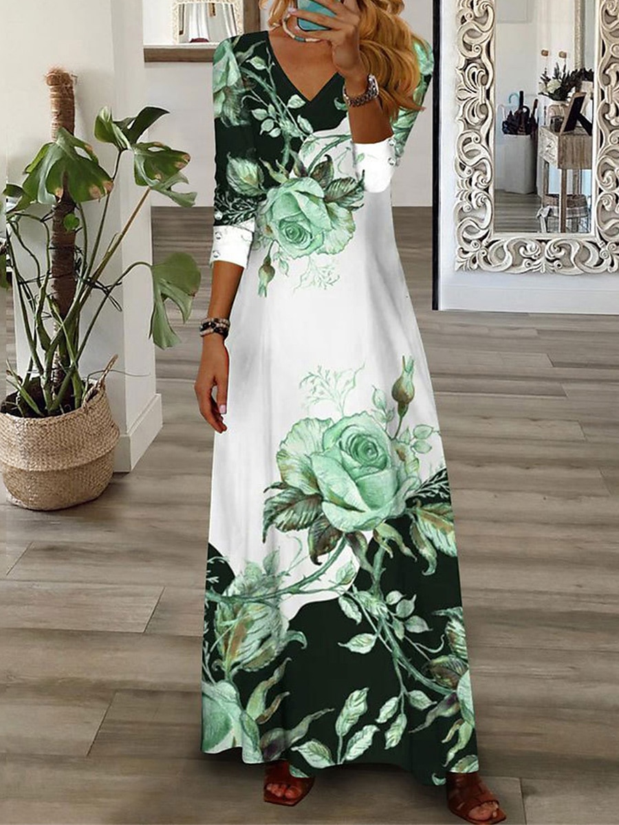 Kjolen Maxi Casual Kjole Blomstertrykk V-Hals Maxi Lang Kjole Casual Daglig Ferie 3/4 Langt Erme Sommer Vår 2025 - $36.99 –P3