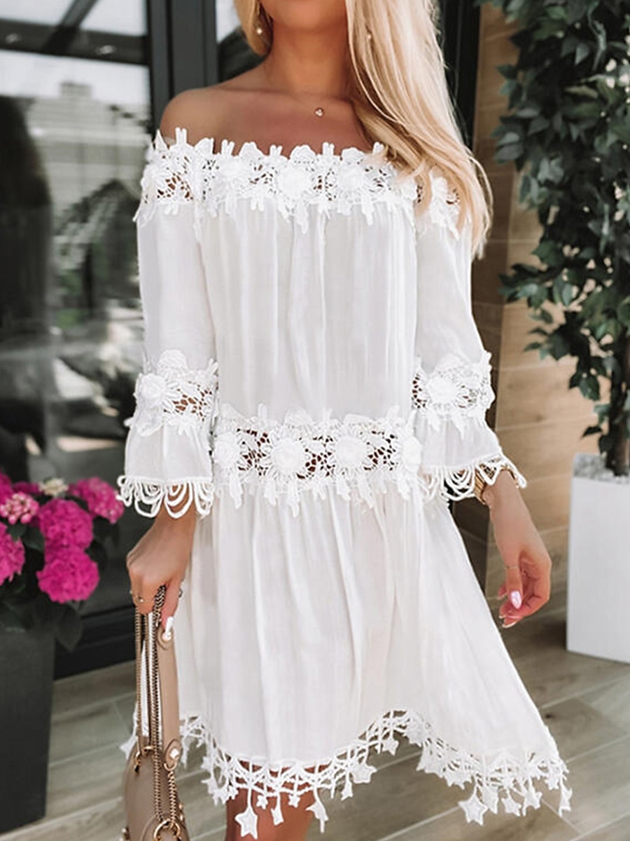 Pentru femei Rochii Midi Rochie albă Rochie de dantela Rochie de schimb Rochie de vară Modă De Bază Modern În aer liber Vacanță Zilnic Potrivire Largă Simplu Lungime Manșon 3/4 De Pe Umăr Alb Var 2025 - $31.99 –P2