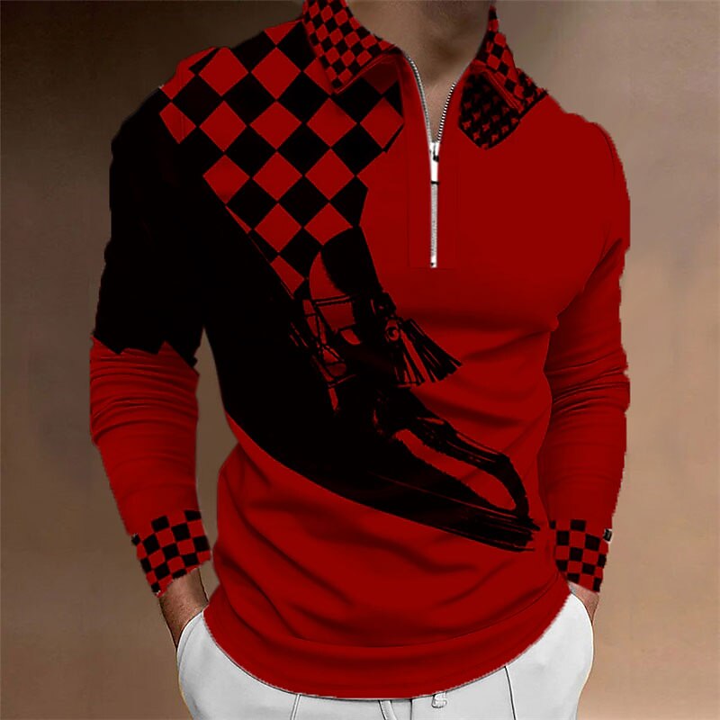 Music Festival Men's Plaid Music Zip Polo Shirts Golf Shirt Long Sleeve Polo Shirts Collared Shirts Casual Vacation Wear Festival Wear Party Outfits 3D Print Quarter Zip Polo Black Yellow Red 2025 - $23.99 –P5