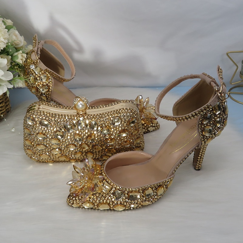 Women's Gold Rhinestone High Heel Sandals with Matching Clutch – Luxury Crystal-Embellished Ankle Strap Stilettos for Weddings, Parties & Special Occasions 2026 - $129.99 –P4
