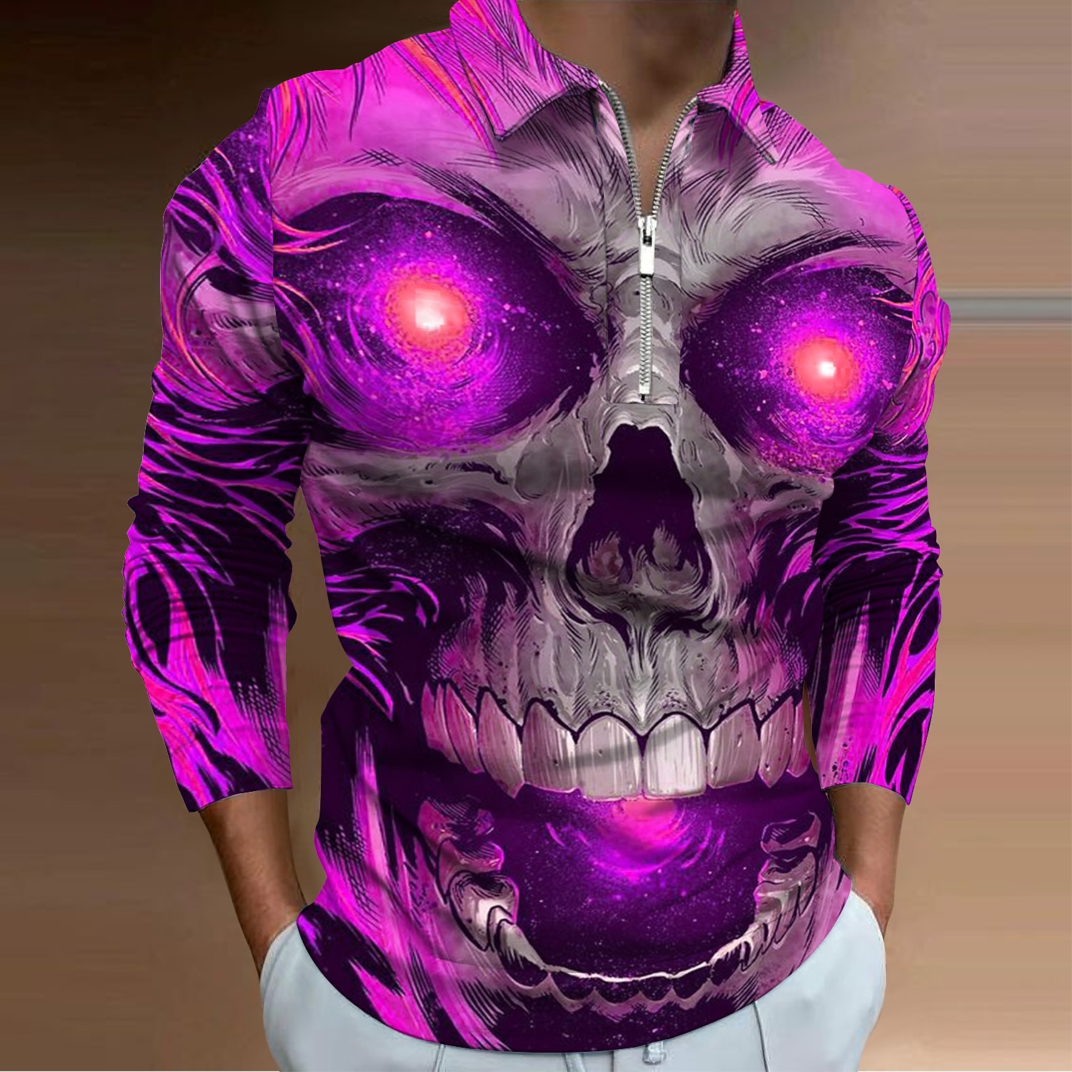 Giorno dei Morti Per uomo Teschio Polo con zip Maglia da golf Manica Lunga Magliette polo Camicie con Colletto Casual Orrore Abbigliamento casual alla moda Abbigliamento da festa Abiti da festa del 2026 a $25.99 –P3