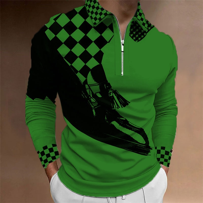 Music Festival Men's Plaid Music Zip Polo Shirts Golf Shirt Long Sleeve Polo Shirts Collared Shirts Casual Vacation Wear Festival Wear Party Outfits 3D Print Quarter Zip Polo Black Yellow Red 2025 - $23.99 –P3