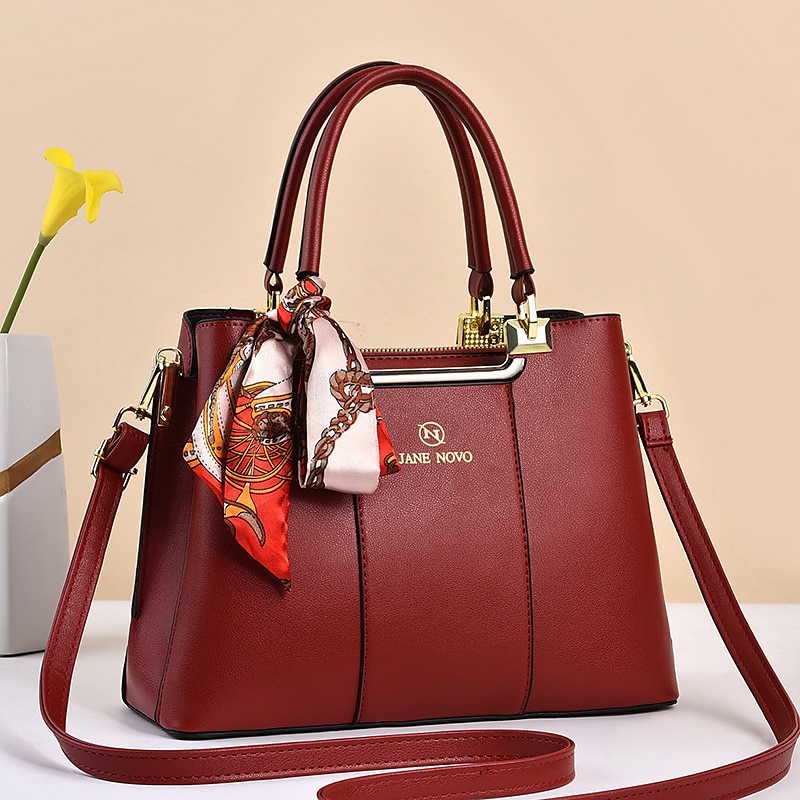 Red Pu Leather Handbag With Scarf