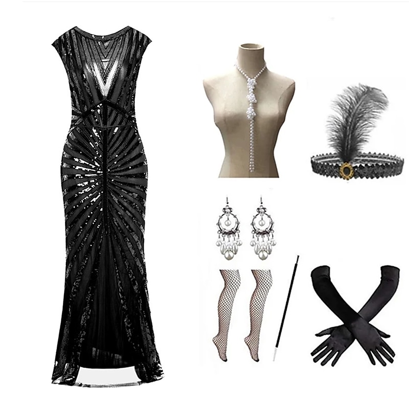 Den store Gatsby Lang Lengde Flapper kjole Kjoler Drakter Den store Gatsby Bryllupsgjest Paljetter Paljetter Dame Maskerade Festkveldsklær Fest / aften Bryllupsmottagelse Voksne Kjole Hansker Sokker 2025 - $63.99 –P2