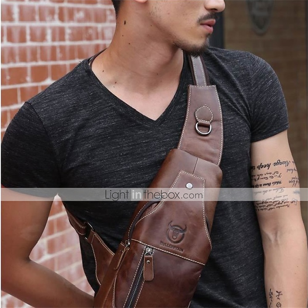 Men's Sling Shoulder Bag Chest Bag Cowhide Outdoor Daily Zipper Waterproof Solid Color Black Grey Black Yellow 2025 - $46.99 –P1