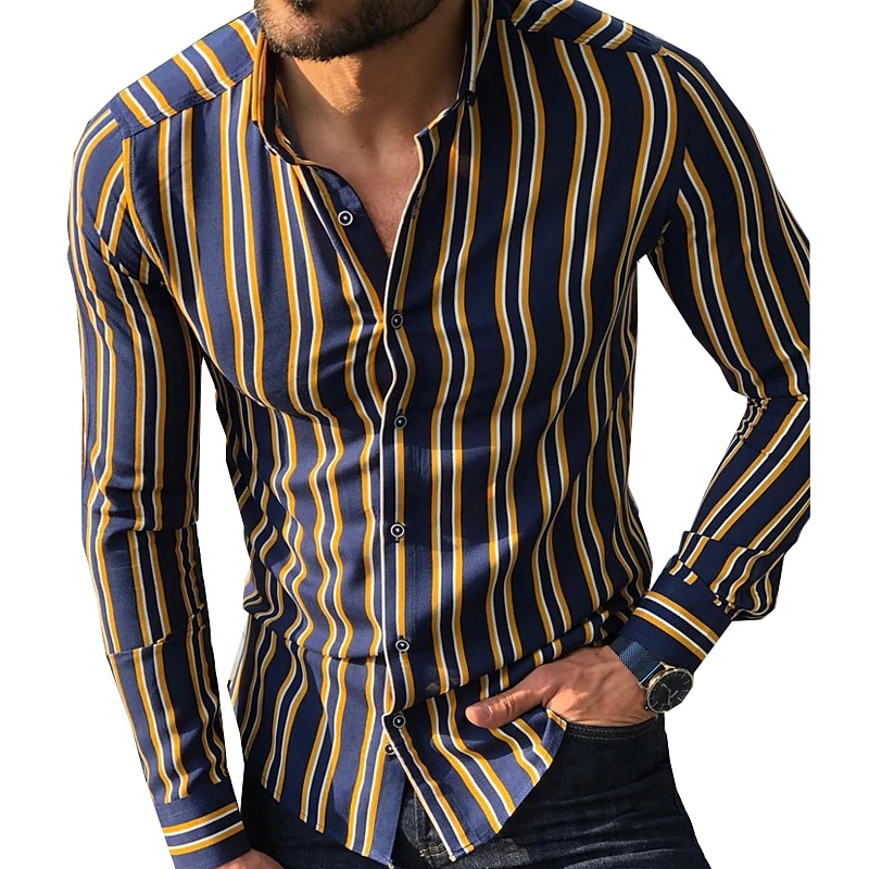 Men's Shirt Summer Shirt Casual Shirt Button Up Shirt Striped Shirts White Yellow Long Sleeve Striped Turndown Vacation Street Clothing Apparel Cotton Cotton Blend Fashion Leisure Comfortable 2025 - $21.99 –P12