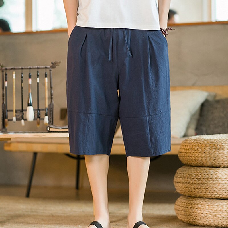 Men's Shorts Linen Shorts Summer Shorts Beach Shorts Capri Pants Drawstring Elastic Waist Plain Breathable Soft Calf-Length Casual Daily Holiday Linen / Cotton Blend Streetwear Hawaiian Black Blue 2025 - $18.99 –P7