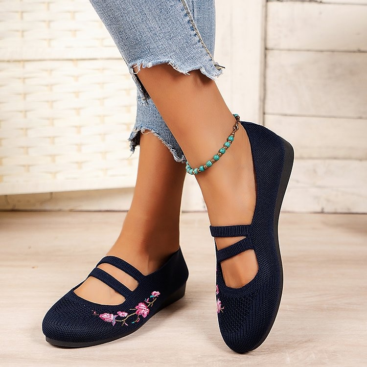Women's Black Embroidered Mary Jane Flats – Breathable Mesh Slip-On Shoes with Double Straps – Casual & Vintage Style for Daily Wear 2025 - $24.99 –P7