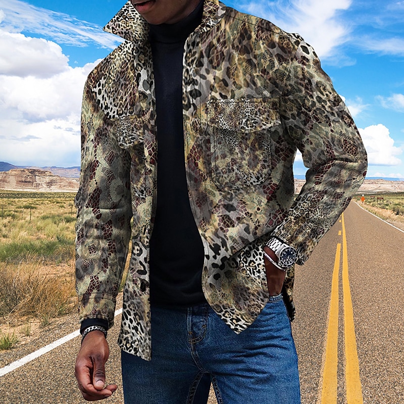Herr Leopard Skjorta jacka Övertröja Långärmad Mode Streetwear Ledigt vardag Sport & Utomhus Dagliga kläder Helgen Höst vinter Nedvikt Knappar Ficka Mönster Gul Blå Brun Grön 2025 - $37.99 –P4