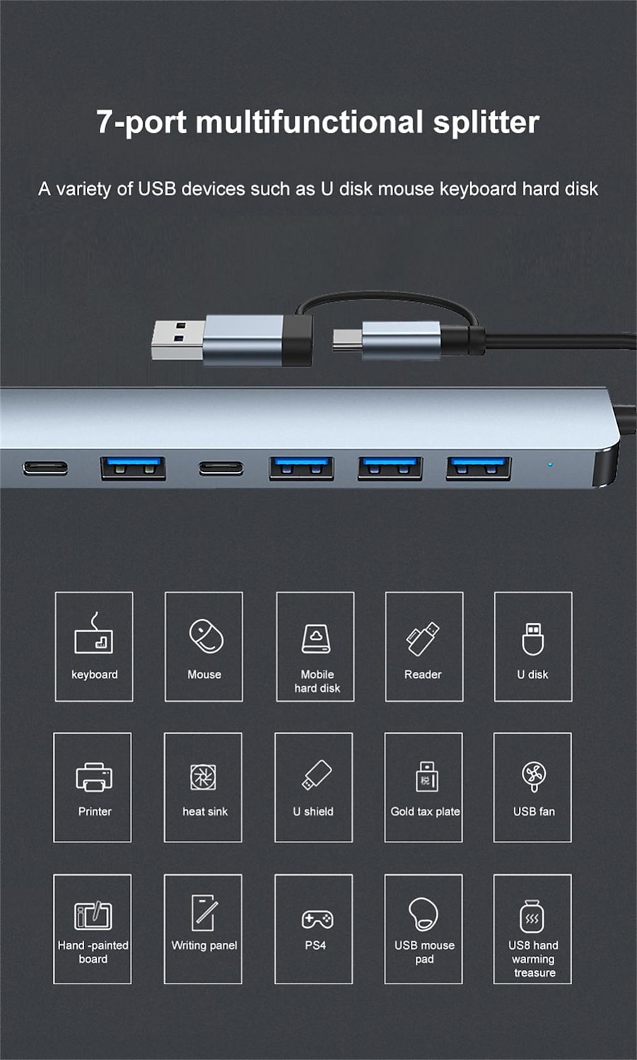 4/7/8 In 1 USB3.0 Type C Extender Hub Docking Station Multi USB Splitter Multiport Adapter USB 3.0 2.0 TF SD Reader Slot For for Mac Pro Mini iPad Pro Surface Pro lash Drive Mobile HDD 2025 - $16.99 –P5