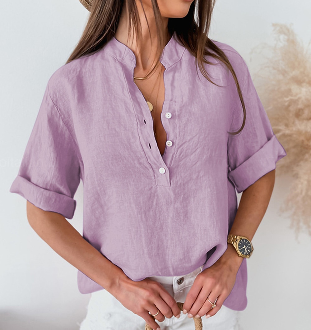 Жен. Застегните кнопку вверх Блуза Длинные хлопковые топы Искусственный хлопок и лен Пуговицы Сплошной/однотонный цвет Классический Неоновый и Яркий V-образный вырез Повседневные 2026 - $18.49 –P1
