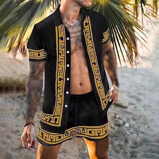Herr Blommig 2st Skjortor Set Hawaii skjorta Kortärmad Korta byxor Nedvikt Mode Hawaiisk Ledigt Utomhus Semester Strand 3D-utskrift Button-Down Sommar Vår Guld + svart Svart Gul 2025 - $34.99 –P2