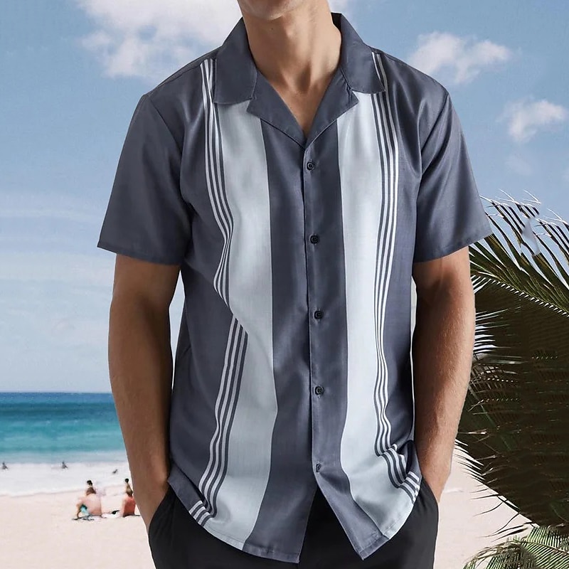 Per uomo Camicia Camicia Estiva Camicia casual Camicia da Spiaggia Camicia da Bowling Camicia con Bottoni Grigio Manica Corta A righe Collo ripiegato Vacanza Quotidiano Abbigliamento Cotone Misto del 2025 a $19.99 –P1