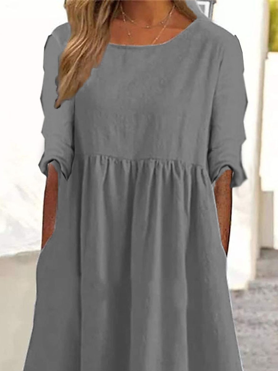 Women's Casual Dress Cotton Linen Dress Swing Dress Midi Dress Cotton Blend Basic Classic Outdoor Daily Vacation Crew Neck Pocket Long Sleeve Summer Spring Fall 2023 Loose Fit Black Gray Plain S M L 2023 - US $31.99 –P2