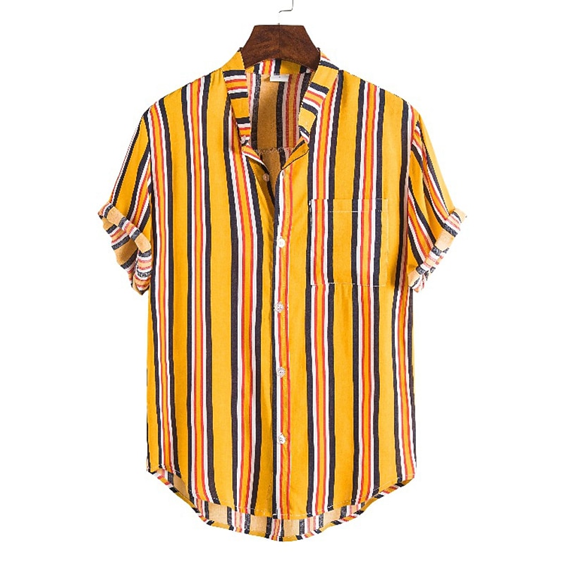 Voor heren Overhemd Zomer overhemd Normaal shirt Overhemd met knopen Gestreepte shirts Geel Blauw Rood Donkerblauw Korte mouw Gestreept Band Kraag Vakantie Straat Afdrukken Kleding 100% katoen 2025 - $21.99 –P6