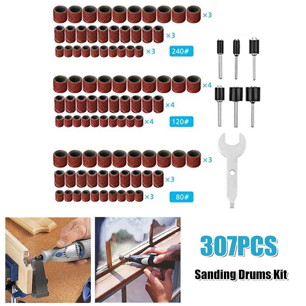 Set di levigatrici a tamburo da 307 pezzi kit di tamburi abrasivi 300 manicotti per nastro abrasivo (80/120/240) + 6 mandrini a tamburo per utensili rotanti Dremel (2,35 mm/3,17 mm) + 1 chiave combinata del 2025 a $23.99 –P10