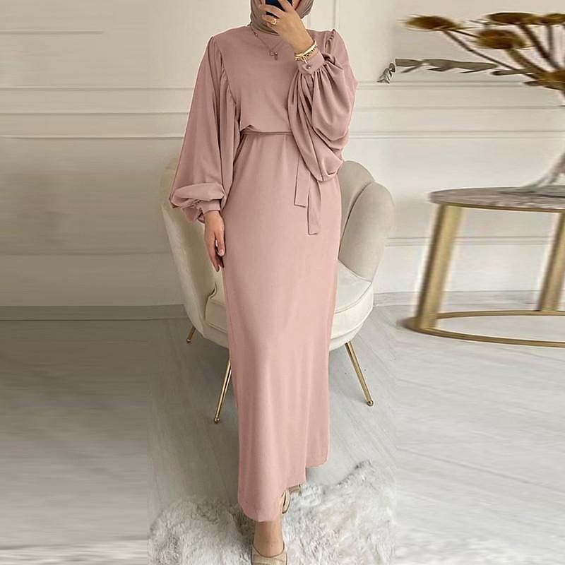 conjunto com vestido abaya feminino vestido maxi muçulmano árabe com cinto vestido religioso árabe saudita lenços hijab cachecol envoltório headpiece ramadan religioso 2 peças feminino ramadan árabe de 2025 por $42.99 –P1