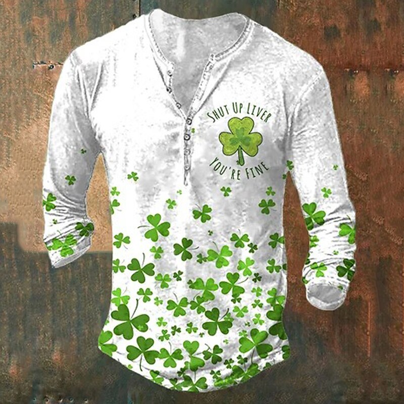 st.patrick's day henley skjorte for menn grafisk st. patrick's day kløver henley klær klær 3d-print utendørs casual lange ermer button-down print motedesigner 2025 - $23.99 –P4