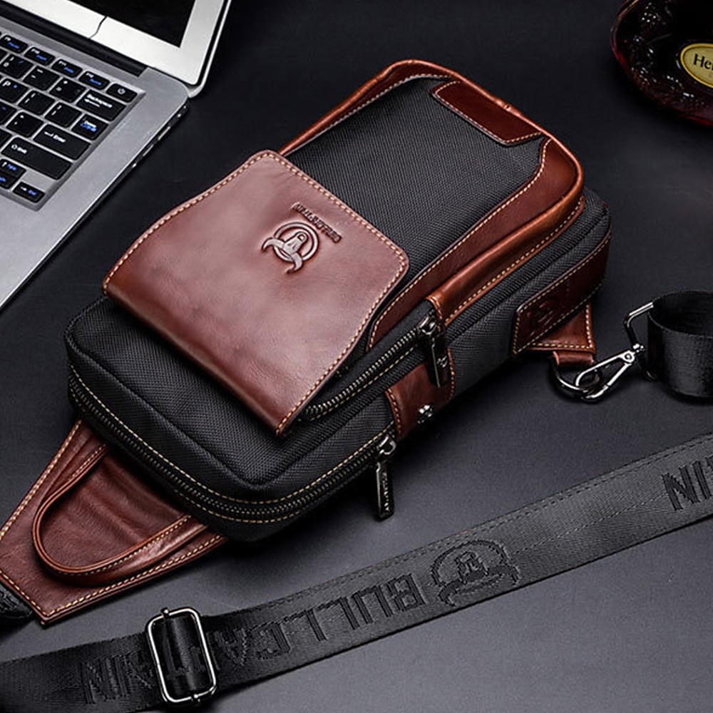 Borsa a tracolla da uomo in pelle bovina di alta qualità e nylon - design multitasche con tracolla regolabile per viaggi e uso quotidiano del 2025 a $42.99 –P6