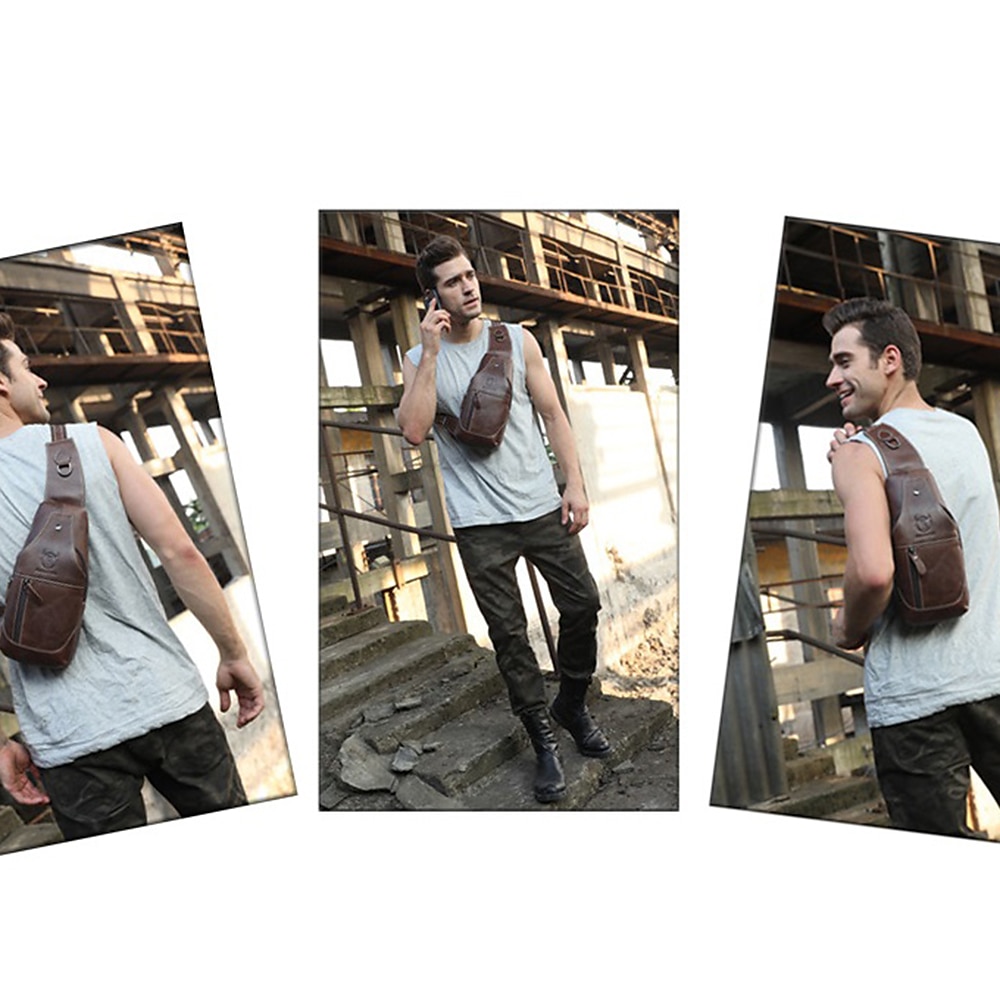 Men's Sling Shoulder Bag Chest Bag Cowhide Outdoor Daily Zipper Waterproof Solid Color Black Grey Black Yellow 2025 - $46.99 –P8