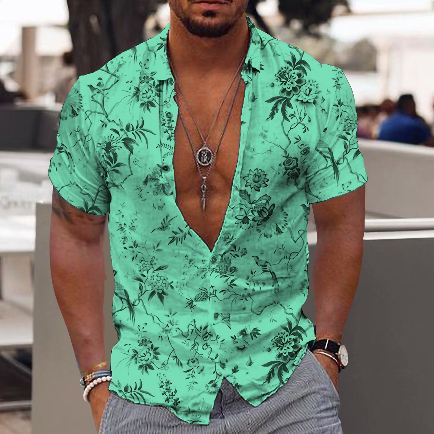 Voor heren Bloemig Tropische bloemen Bladeren Overhemd Hawaiiaans overhemd Aloha-shirt Korte Mouw Overhemd Strijkijzer Modieus Ontwerper Casual Buiten Straat Casual Geel Lichtgroen blauw 3D-afdrukken 2025 - $24.99 –P7