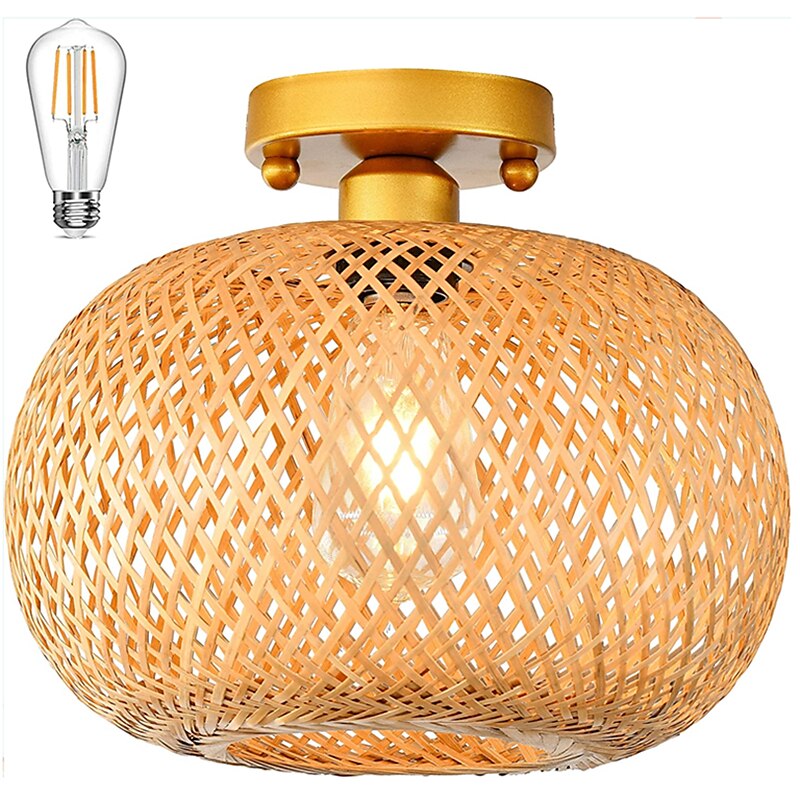 plafoniera a led in rattan boho apparecchi di illuminazione a soffitto, plafoniera a semi incasso in rattan con paralume a gabbia intrecciata a mano, plafoniera moderna per corridoio cucina camera da del 2025 a $86.99 –P1