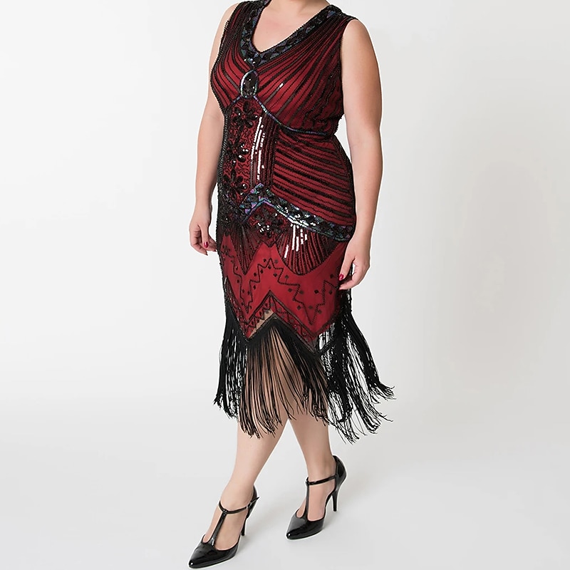 Anni Ruggenti Anni 1920 Midi Vestito Abito Flapper Abito da Ballo Taglie Forti Normale Senza maniche Il grande Gatsby Charleston Invitato al matrimonio Paillettes Scollo a V Costume Per donna del 2026 a $44.99 –P11