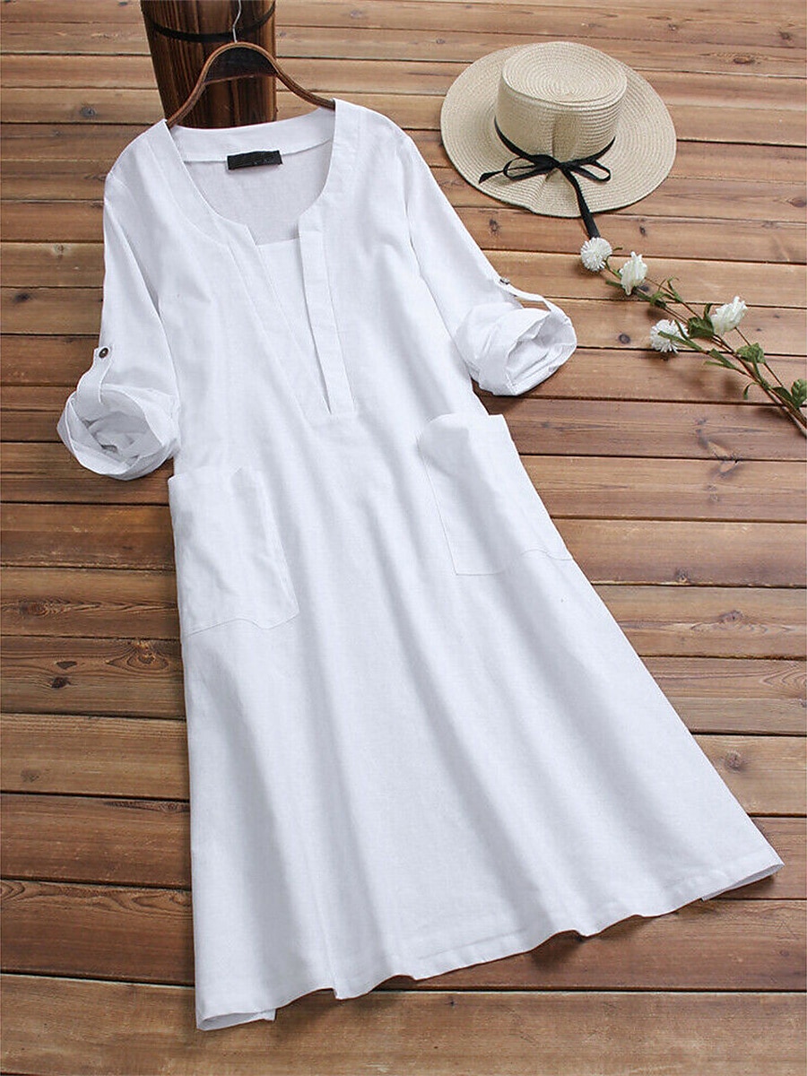 Women's Casual Dress Cotton Linen Dress Swing Dress Midi Dress Cotton Blend Basic Casual Outdoor Daily Vacation V Neck Pocket Long Sleeve Summer Spring Fall 2023 Loose Fit White Blue Plain M L XL 2XL 2023 - US $26.99 –P3