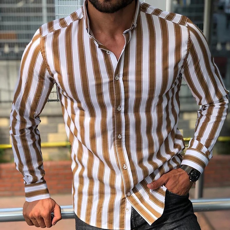 Men's Shirt Summer Shirt Casual Shirt Button Up Shirt Striped Shirts White Yellow Long Sleeve Striped Turndown Vacation Street Clothing Apparel Cotton Cotton Blend Fashion Leisure Comfortable 2025 - $21.99 –P6