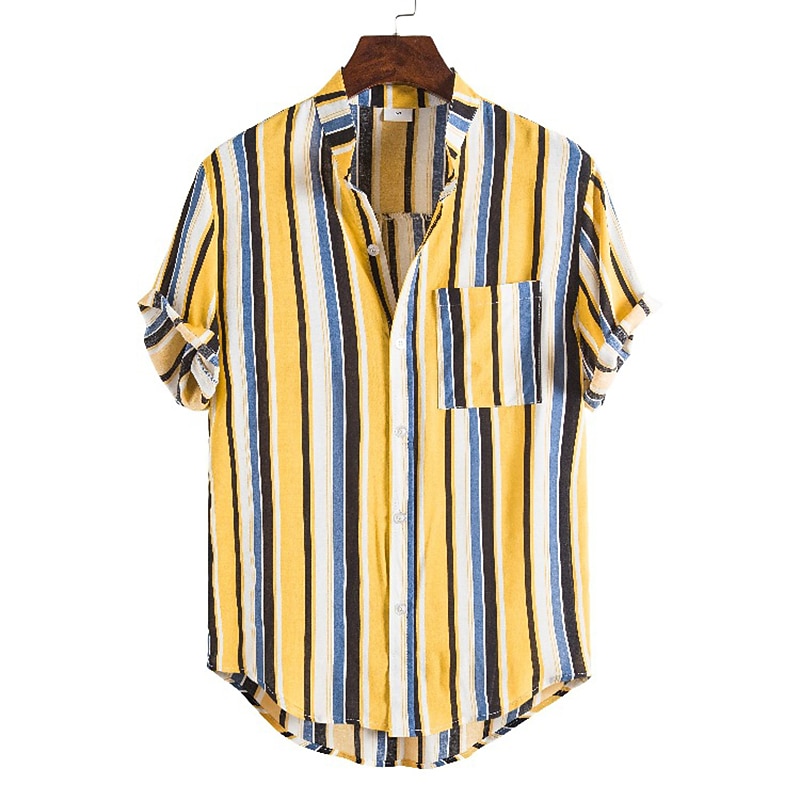 Voor heren Overhemd Zomer overhemd Normaal shirt Overhemd met knopen Gestreepte shirts Geel Blauw Rood Donkerblauw Korte mouw Gestreept Band Kraag Vakantie Straat Afdrukken Kleding 100% katoen 2025 - $21.99 –P8