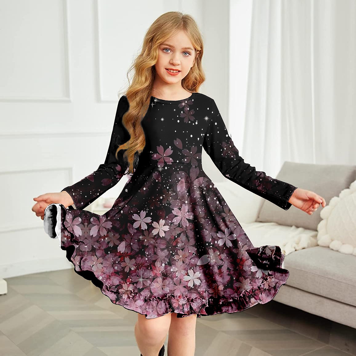 Barn Jente Kjole Blomstret Fargeblokk Gradert Langermet utendørs Avslappet Fritid Søt Polyester Ovenfor knéet Kjole med A-linje Sommer Vår Høst 4-12 år Flerfarget Svart Hvit 2025 - $18.99 –P1