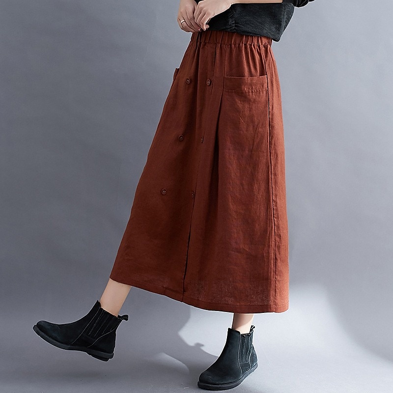 Women's Skirt A Line Long Skirt Linen Skirts coastal grandma style Basic Casual Long Midi Skirts Solid Colored Pocket Split Ends Street Daily Black Brown Green Apricot Spring & Summer Cotton Linen 2025 - $21.99 –P7