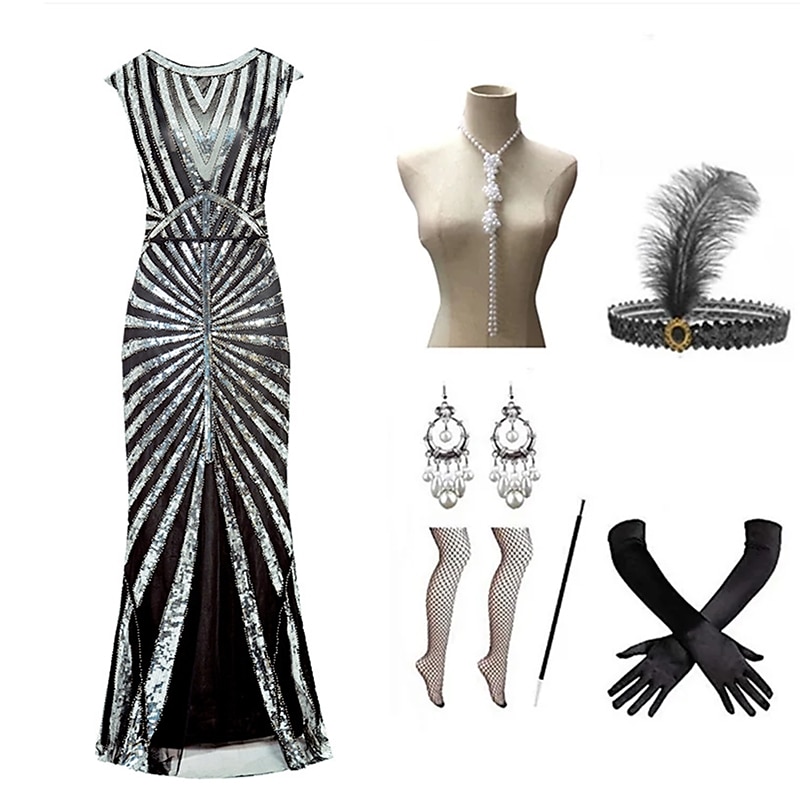 Den store Gatsby Lang Lengde Flapper kjole Kjoler Drakter Den store Gatsby Bryllupsgjest Paljetter Paljetter Dame Maskerade Festkveldsklær Fest / aften Bryllupsmottagelse Voksne Kjole Hansker Sokker 2025 - $63.99 –P4
