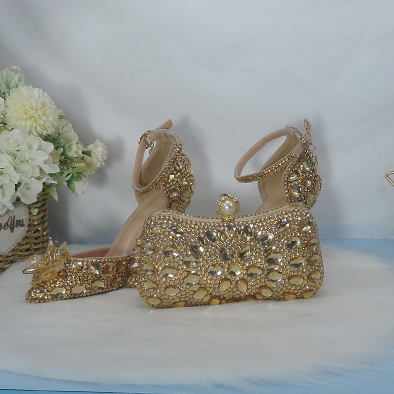 Women's Gold Rhinestone High Heel Sandals with Matching Clutch – Luxury Crystal-Embellished Ankle Strap Stilettos for Weddings, Parties & Special Occasions 2026 - $129.99 –P2