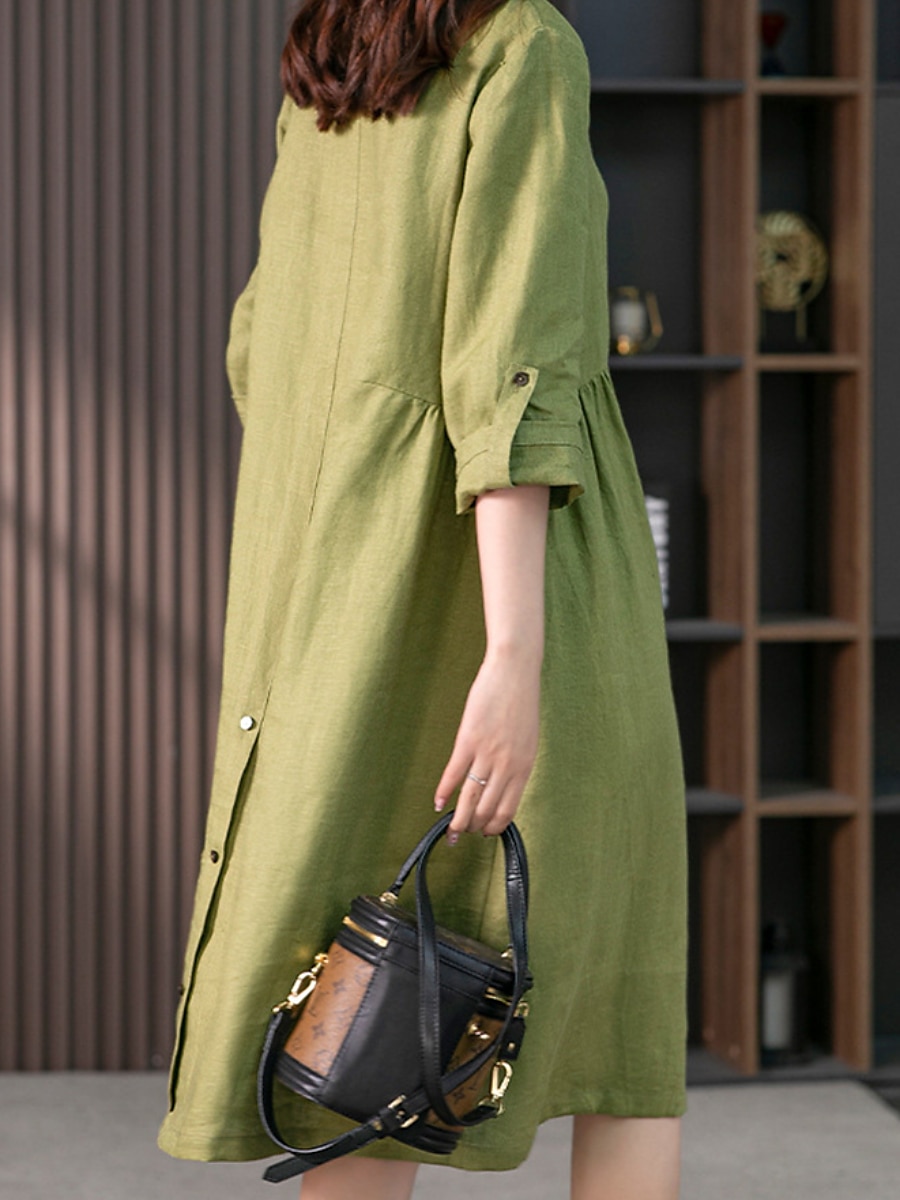 Linen Dress Long, Linen Dresses for Women With Collar, Green