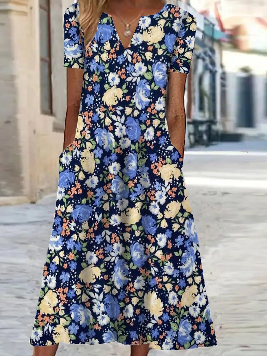Dame Midi Kjole Shift Kjole Blomster Lomme Print V-hals Ferie Korte Ermer Sommer Vår 2025 - $36.99 –P3