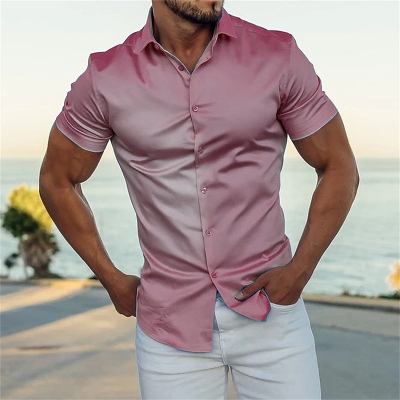 Men's Shirt Button Up Shirt Casual Shirt Summer Shirt Satin Silk Shirt Pink Blue  Purple Short Sleeve Plain Turndown Wedding Party Button-Down Clothing  Apparel Fashion Luxury Shiny Breathable 2024 - $20.99