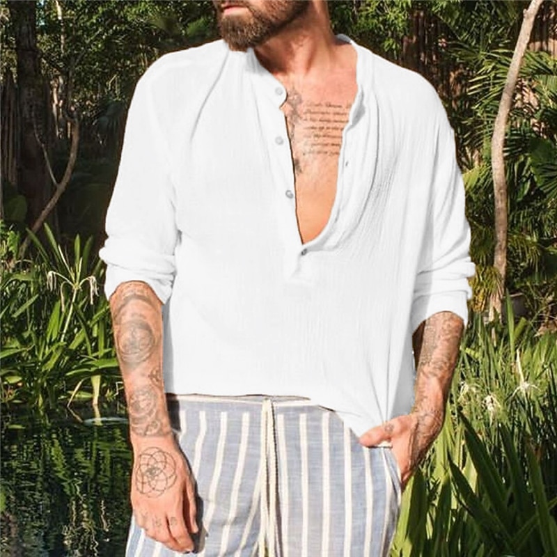 Pánské Tričko s knoflíkem Tričko Tričko Henley Tričko s dlouhým rukávem Dlouhý rukáv Stojáček Henley Léto Jaro Bez vzoru Módní Lehký Sval Tlačítko dolů Dovolená Ležérní Khaki Top tričko pro muže 2025 - $26.99 –P4