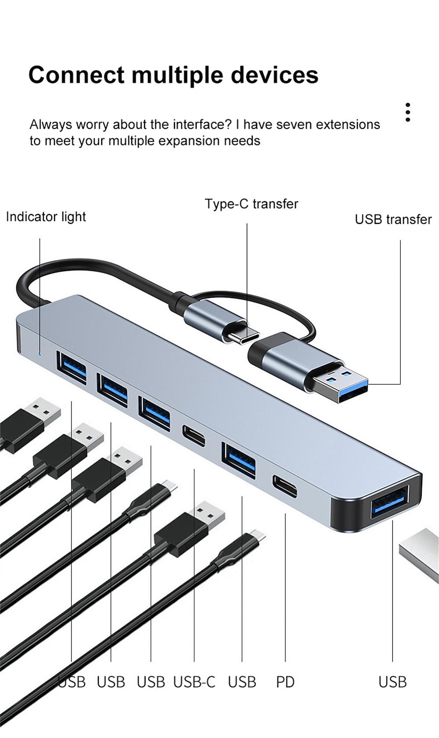 4/7/8 In 1 USB3.0 Type C Extender Hub Docking Station Multi USB Splitter Multiport Adapter USB 3.0 2.0 TF SD Reader Slot For for Mac Pro Mini iPad Pro Surface Pro lash Drive Mobile HDD 2025 - $16.99 –P2