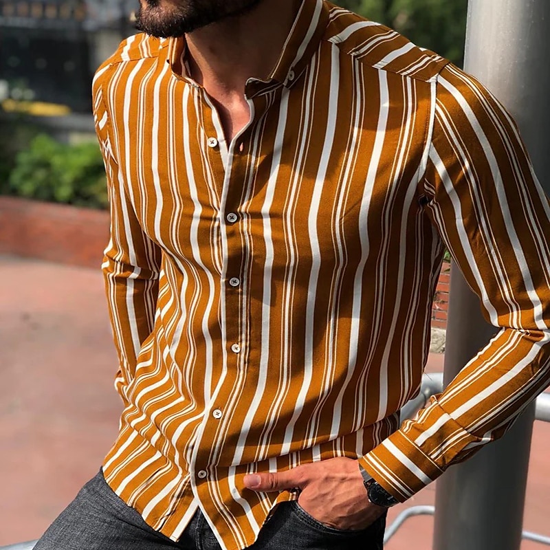 Men's Shirt Summer Shirt Casual Shirt Button Up Shirt Striped Shirts White Yellow Long Sleeve Striped Turndown Vacation Street Clothing Apparel Cotton Cotton Blend Fashion Leisure Comfortable 2025 - $21.99 –P3