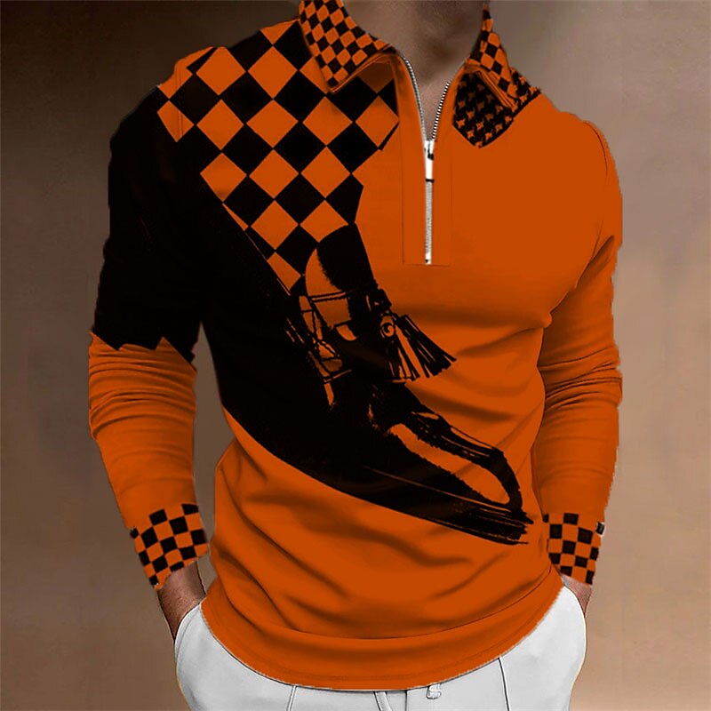 Music Festival Men's Plaid Music Zip Polo Shirts Golf Shirt Long Sleeve Polo Shirts Collared Shirts Casual Vacation Wear Festival Wear Party Outfits 3D Print Quarter Zip Polo Black Yellow Red 2025 - $23.99 –P4