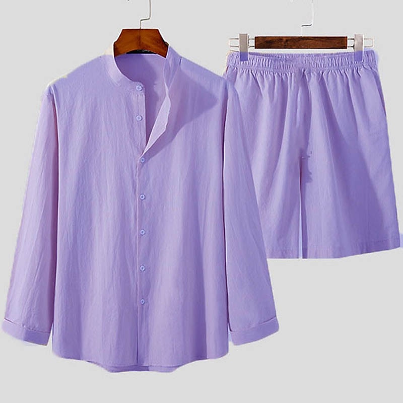 Men's Cotton Linen Shirt 2 Piece Shirt Set Summer Set Summer Shirt Beach Shirt Purple Apricot Long Sleeve Plain Collar Summer Street Daily Clothing Apparel 2 Piece 2024 - $29.99 –P7