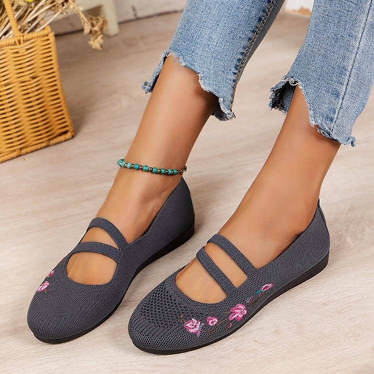Women's Black Embroidered Mary Jane Flats – Breathable Mesh Slip-On Shoes with Double Straps – Casual & Vintage Style for Daily Wear 2025 - $24.99 –P4