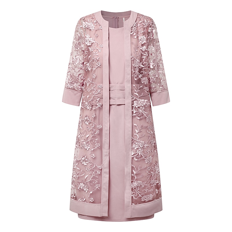 Women's Lace Dress Dress Set Two Piece Dress Midi Dress Pink Half Sleeve Pure Color Mesh Summer Spring Fall Crew Neck Fashion Office Wedding Guest 2023 S M L XL XXL 3XL 2023 - AED 179.99 –P2